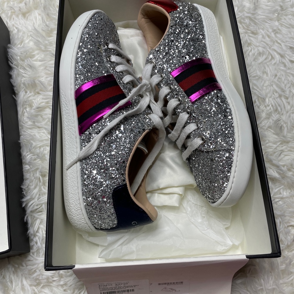 Gucci Silver Glitter Sneakers with Pink and Black Web - Picture 9 of 11